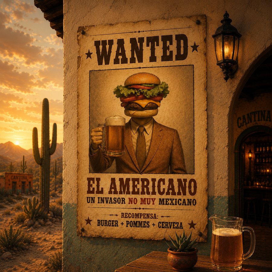 Steckbrief-Plakat „Wanted: El Americano“ mit Burger-Kopf, daneben ein Bier