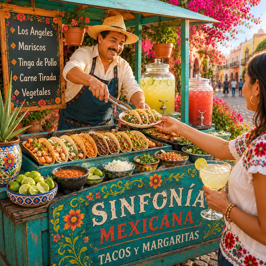 Straßenverkäufer reicht einen Teller Tacos über einen Stand mit der Aufschrift „Sinfonía Mexicana“