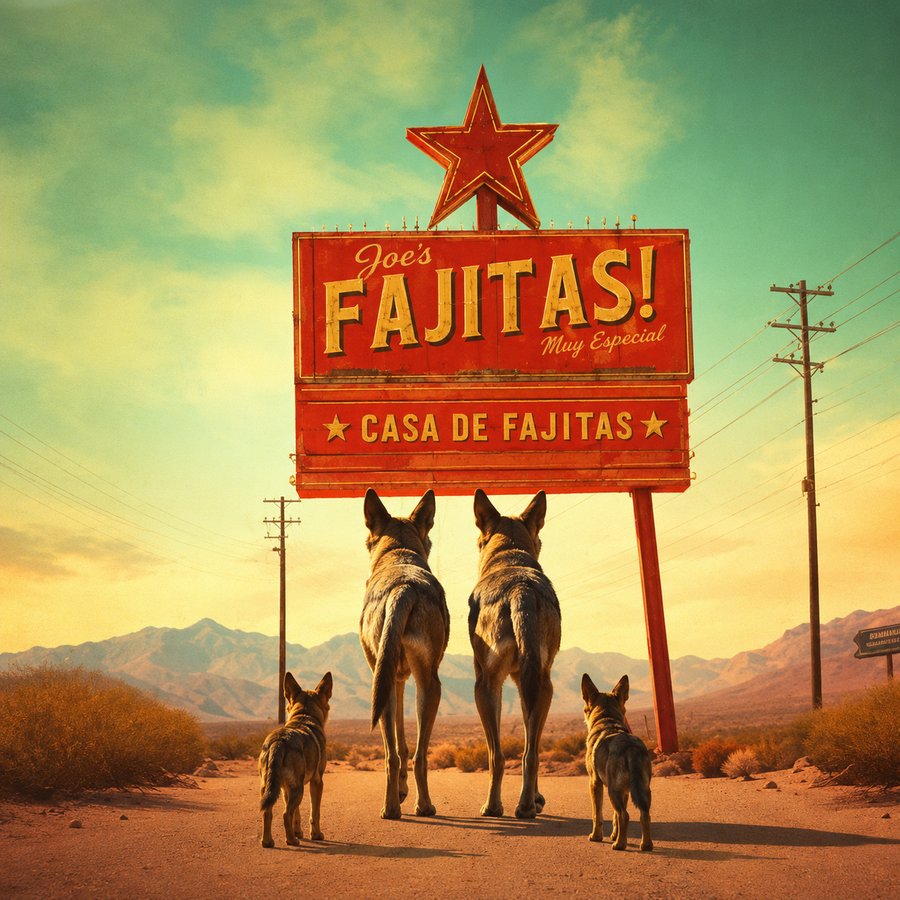 Leuchtreklame „Joe's Fajitas – Casa de Fajitas“ an einer Wüstenstraße mit Kojoten