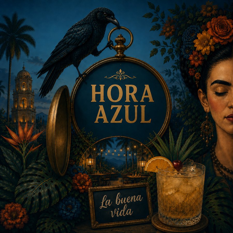 Rabe auf einer Taschenuhr mit der Aufschrift „Hora Azul“ und einem Cocktail