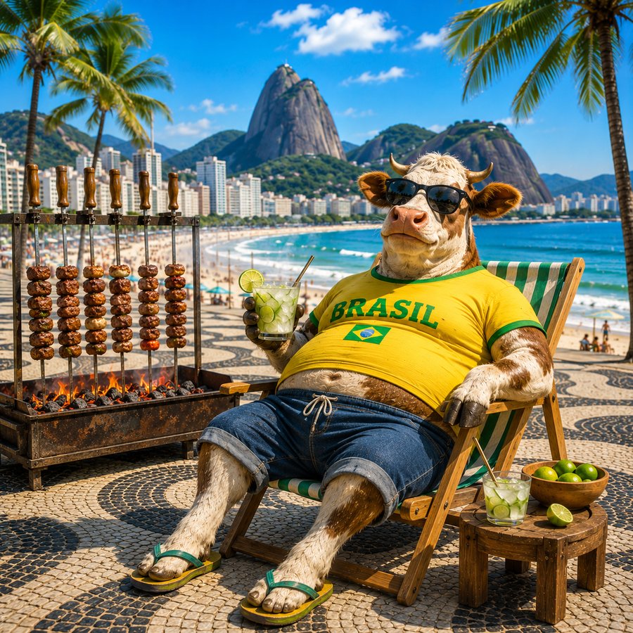 Churrasco-Spieße vor der Copacabana, daneben eine Kuh im Brasilien-Trikot mit Caipirinha