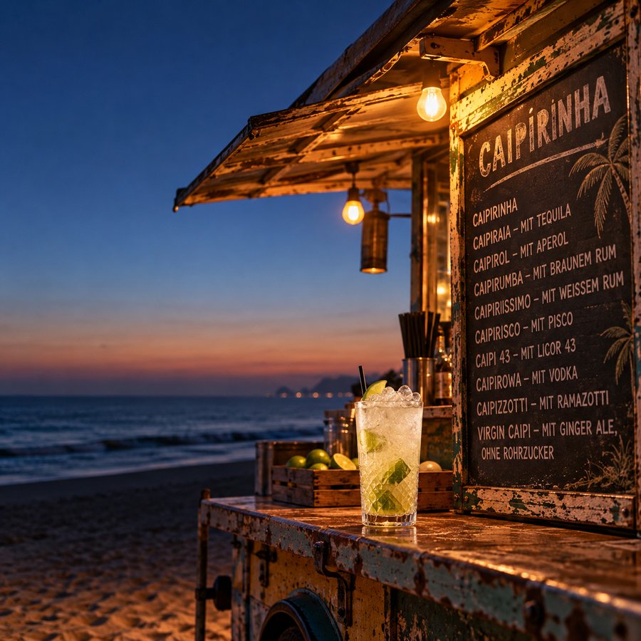 Churrasco-Spieße vor der Copacabana, daneben eine Kuh im Brasilien-Trikot mit Caipirinha