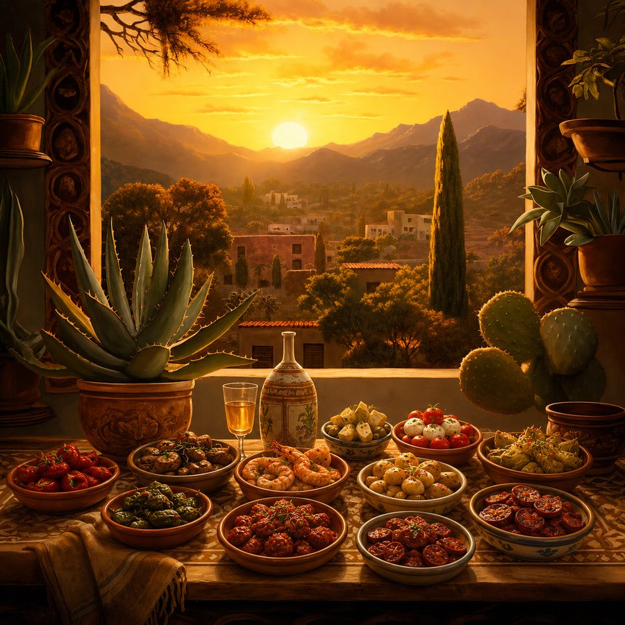Gedeckter Tisch voller Tapas-Schälchen vor einem Fenster mit Blick auf den Sonnenuntergang