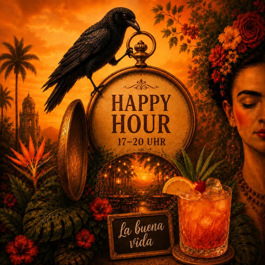Rabe auf einer Taschenuhr mit der Aufschrift „Happy Hour 17–20 Uhr“ und einem Cocktail